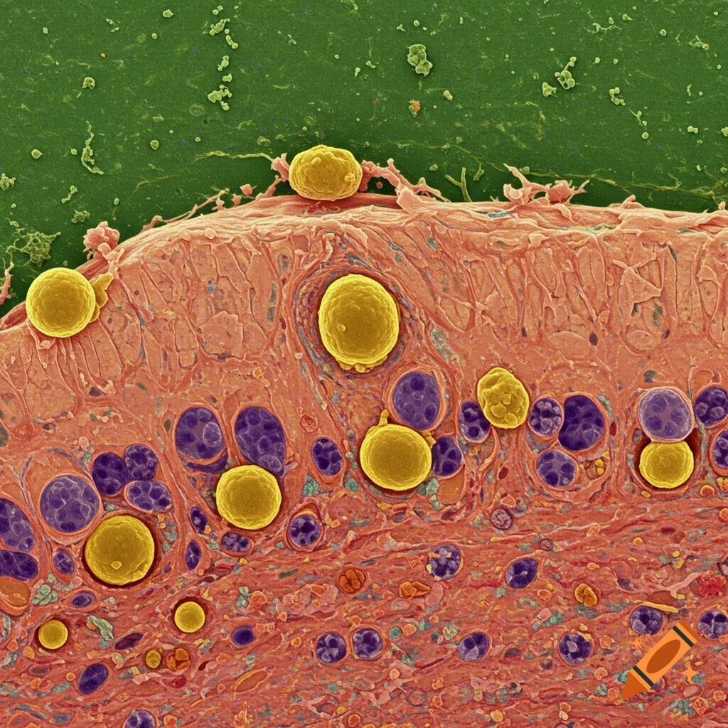 A colorful microscopic image showing yellow and purple cells within a reddish-pink tissue matrix, characteristic of cartilage.