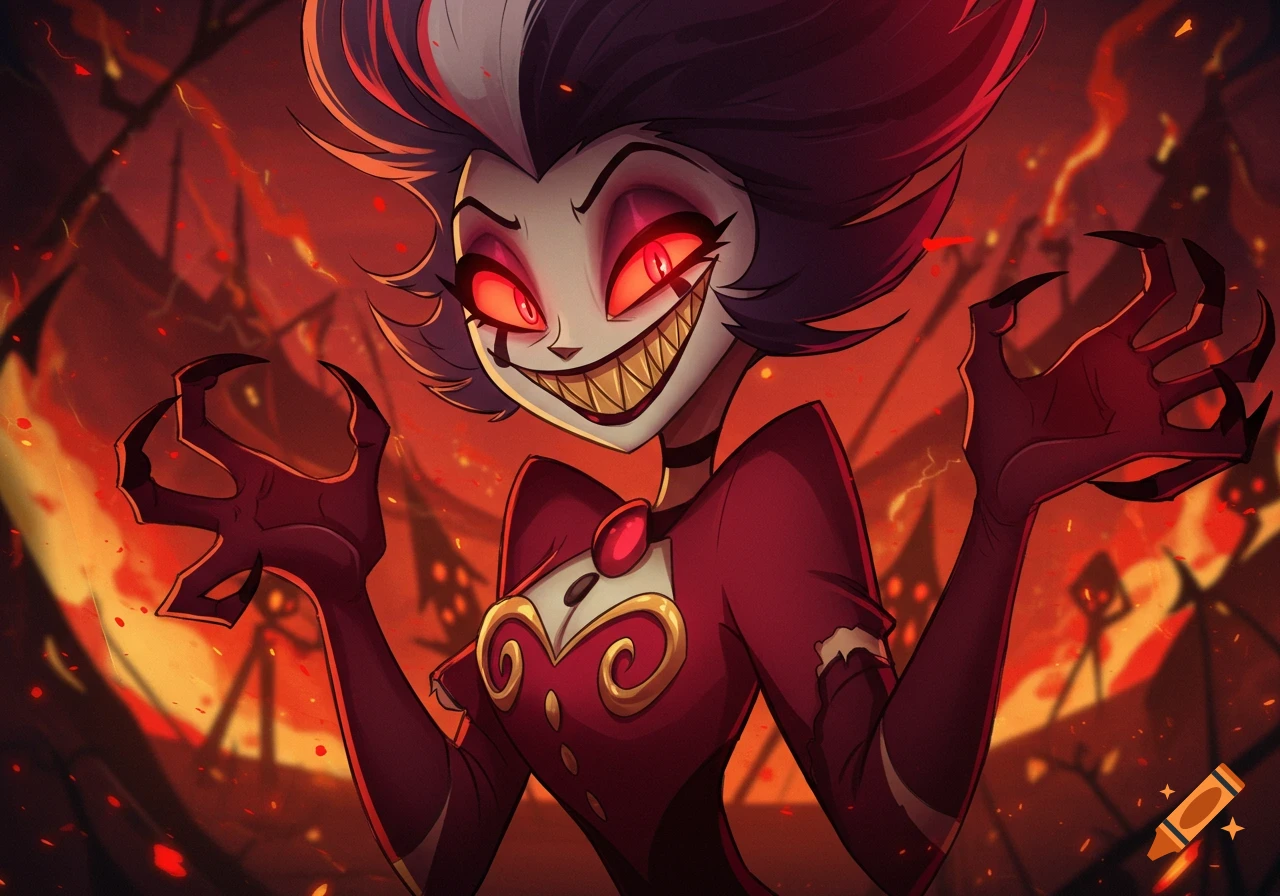 A demonic character with glowing red eyes, a wide, toothy grin, and spiky hair, with clawed hands raised against a fiery, hellish background in an anime style.