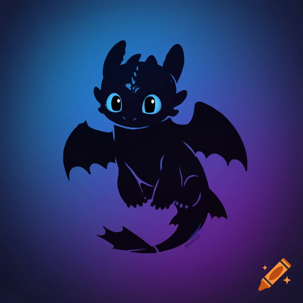 A stylized black baby dragon with large glowing blue eyes against a blue and purple gradient background.