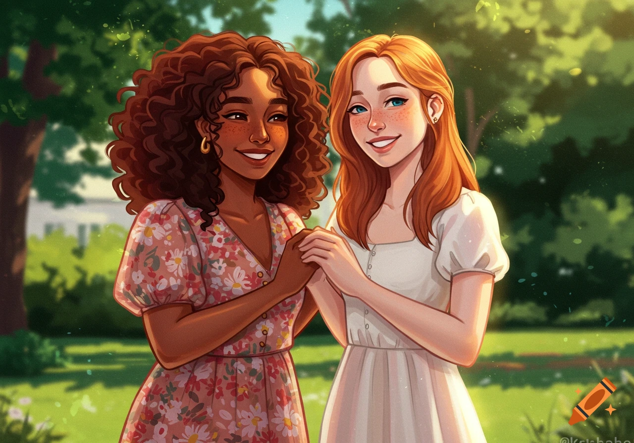 An illustration of two smiling women, one with curly brown hair and the other with red hair, holding hands in a sunny park.