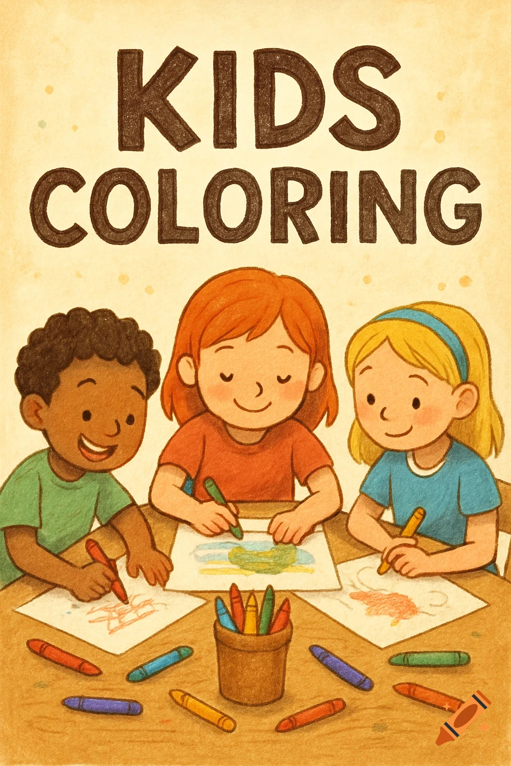 Warm illustration of three diverse children coloring at a table with crayons and paper, with 'KIDS COLORING' text.