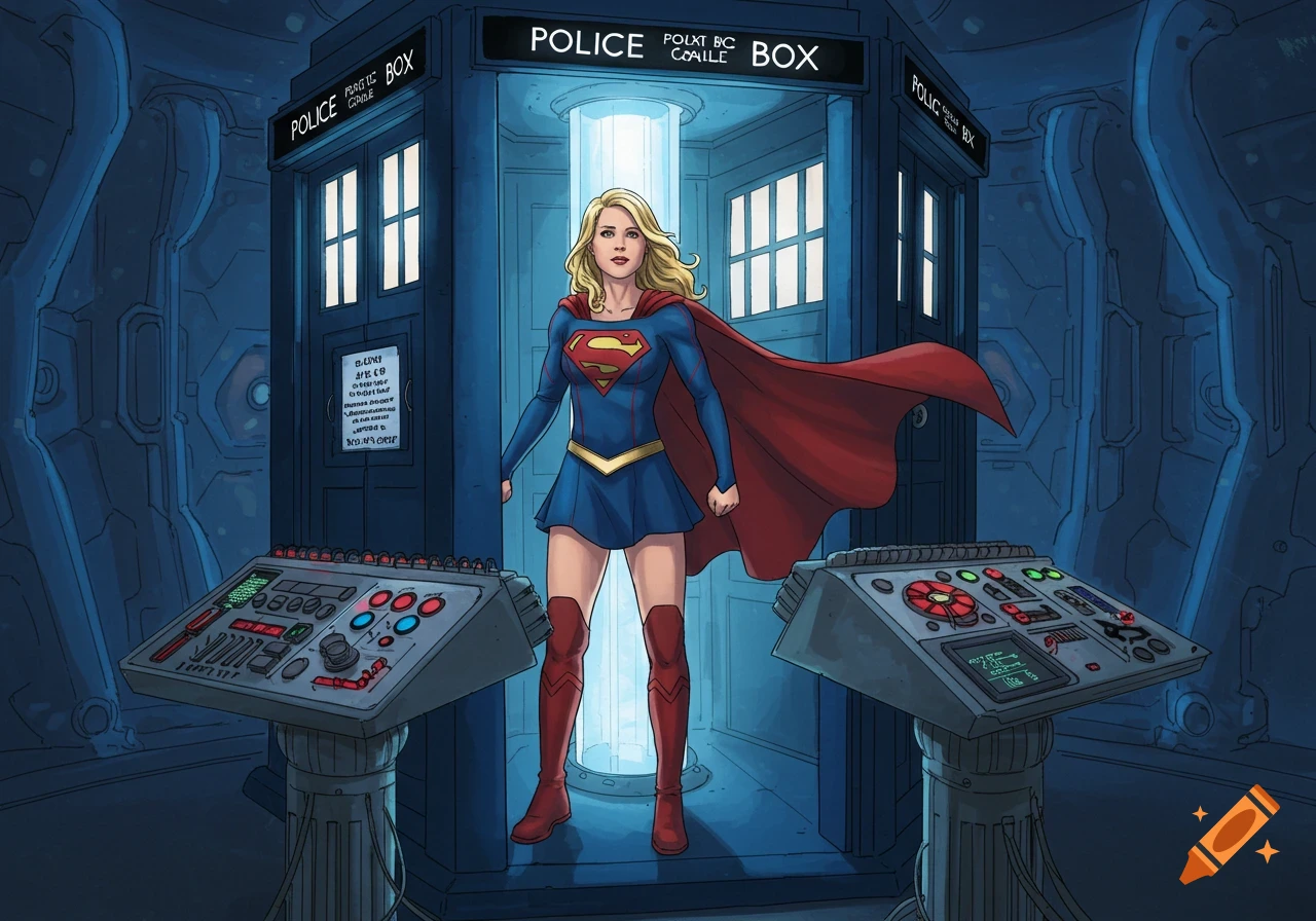 Supergirl stands confidently inside the TARDIS console room, with its iconic blue box exterior visible behind her.