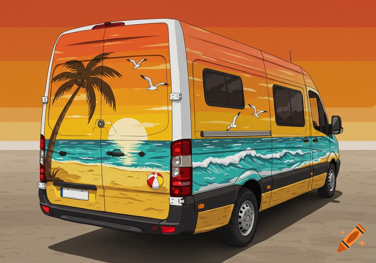 An illustration of the back of a camper van with a beach and sunset mural, featuring a palm tree, ocean waves, and seagulls.