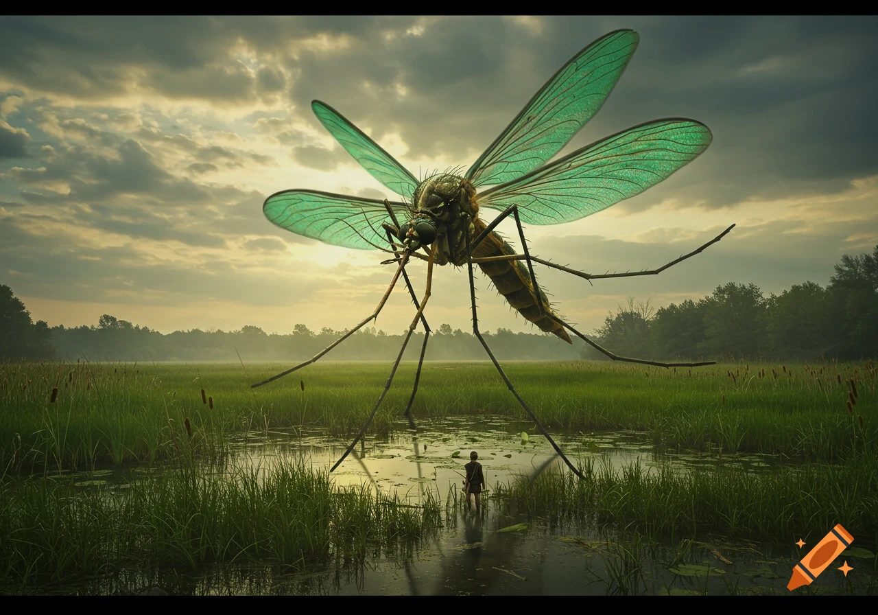A giant mosquito towers over a small person standing in a grassy swamp at sunset.