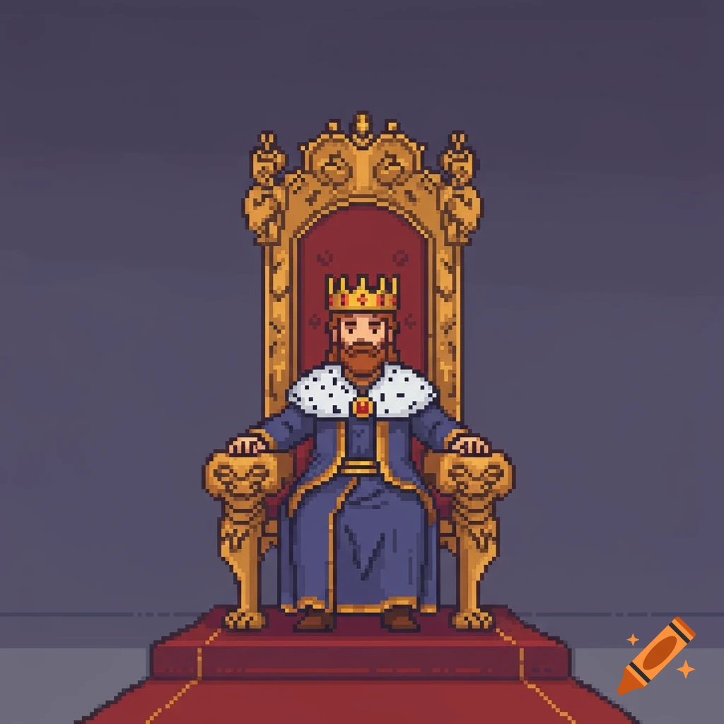 A pixel art king with a crown and beard sits on a golden throne with a red cushion.