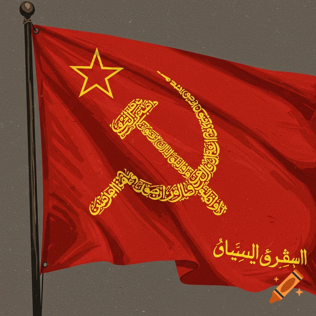 A stylized red flag with a yellow hammer and sickle symbol formed by intricate Arabic calligraphy, and more Arabic text at the bottom right, against a textured gray background.