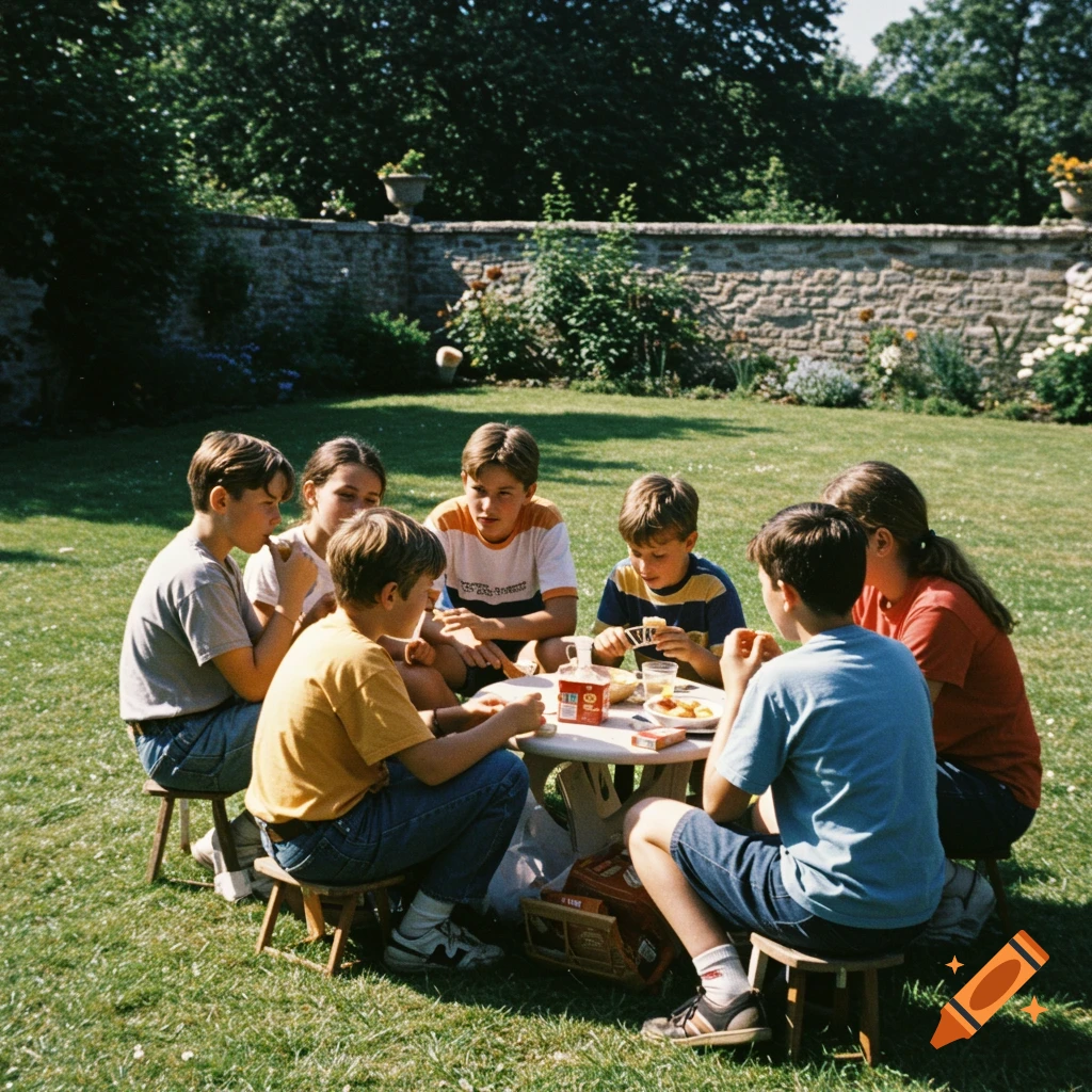 A group of children gathered around a small table for a picnic in a sunny garden.