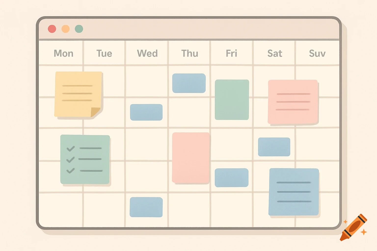 A digital calendar with pastel sticky notes and task checklists, top-down view, flat illustration.
