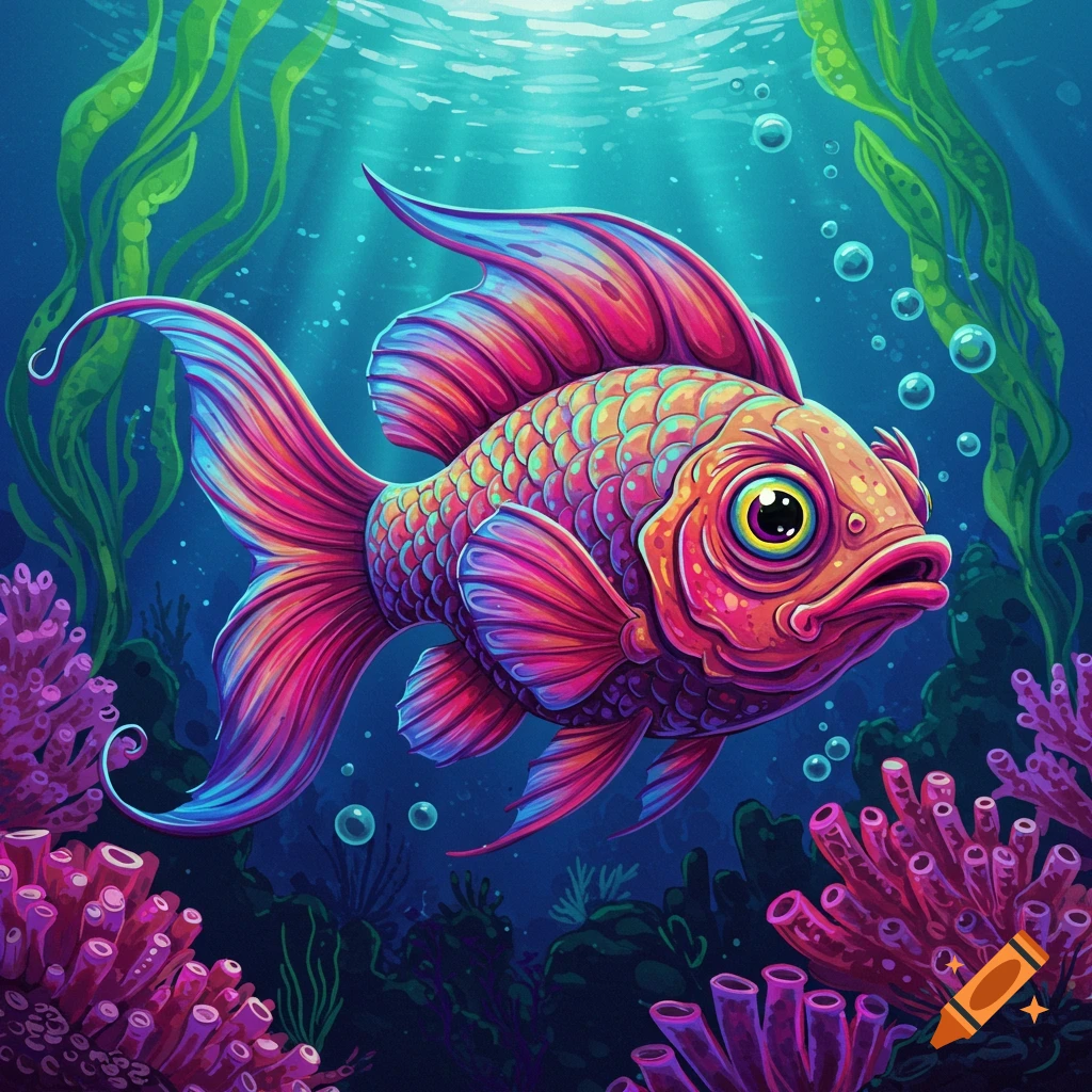 A vibrant, colorful fish with large eyes and flowing fins swims among pink coral and green seaweed in a bright underwater scene.
