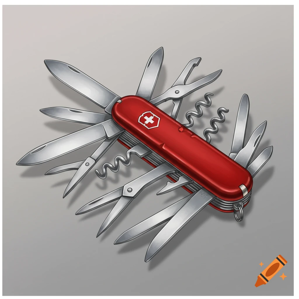 A detailed illustration of a red Swiss army knife with multiple silver tools extended, on a plain grey background.
