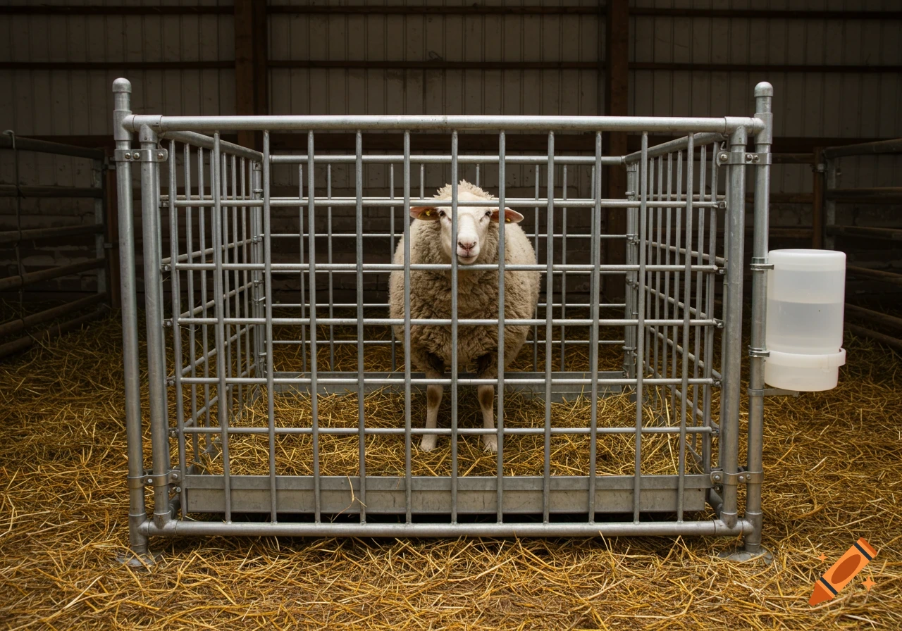 A fluffy white sheep stands inside a metal cage on a bed of hay within a barn.