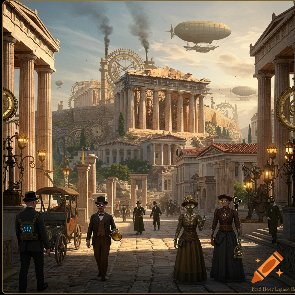 A bustling steampunk Athens street scene with classical architecture, colossal gears, smoking factories, airships, and pedestrians in period attire.