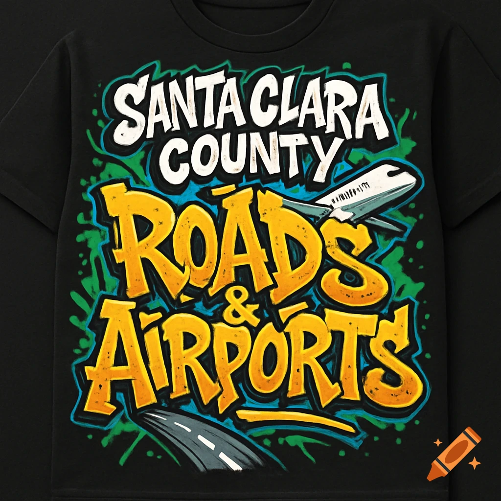A black t-shirt featuring a vibrant graffiti-style design that reads "Santa Clara County Roads & Airports" with an airplane and road graphics.