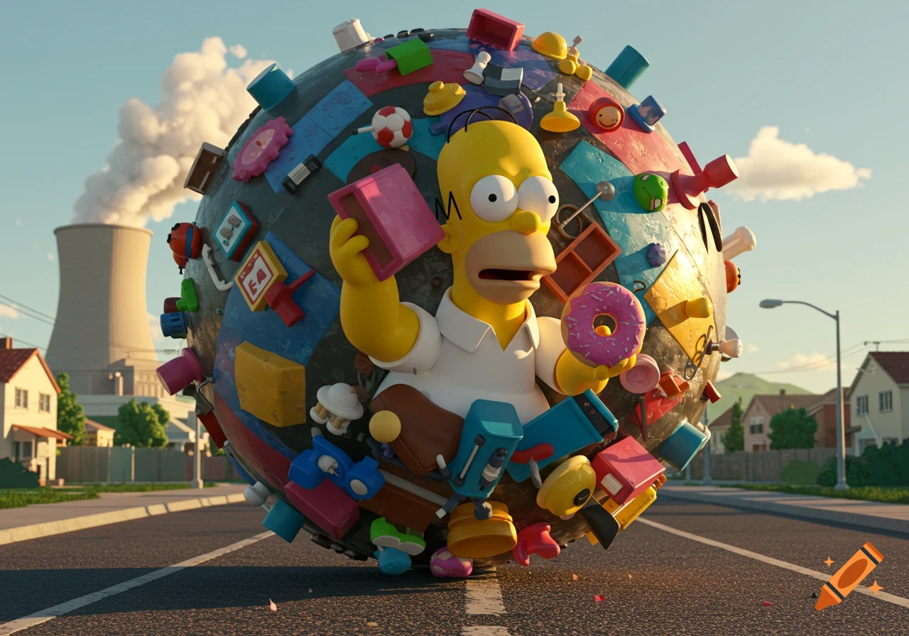 Homer Simpson is central to a large Katamari ball made of assorted objects, rolling down a suburban street with a nuclear power plant in the background, in a 3D cartoon style.