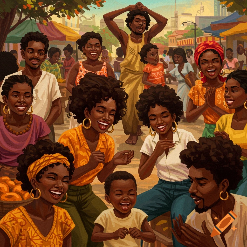 Vibrant illustration of a joyful African community gathered in a bustling outdoor market, with adults and children laughing.