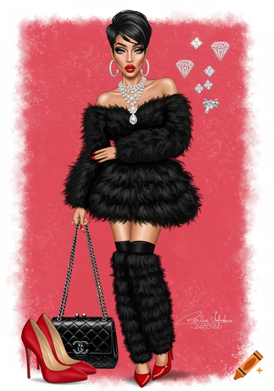 Stylized fashion illustration of a woman in a black fluffy coat, black fluffy leg warmers, and red heels, with a pixie cut and diamond jewelry, holding a black handbag against a red background.