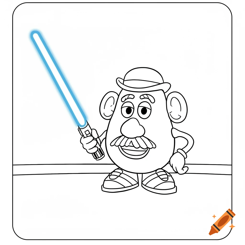 A coloring page of Mr. Potato Head from Toy Story holding a glowing blue lightsaber from Star Wars.