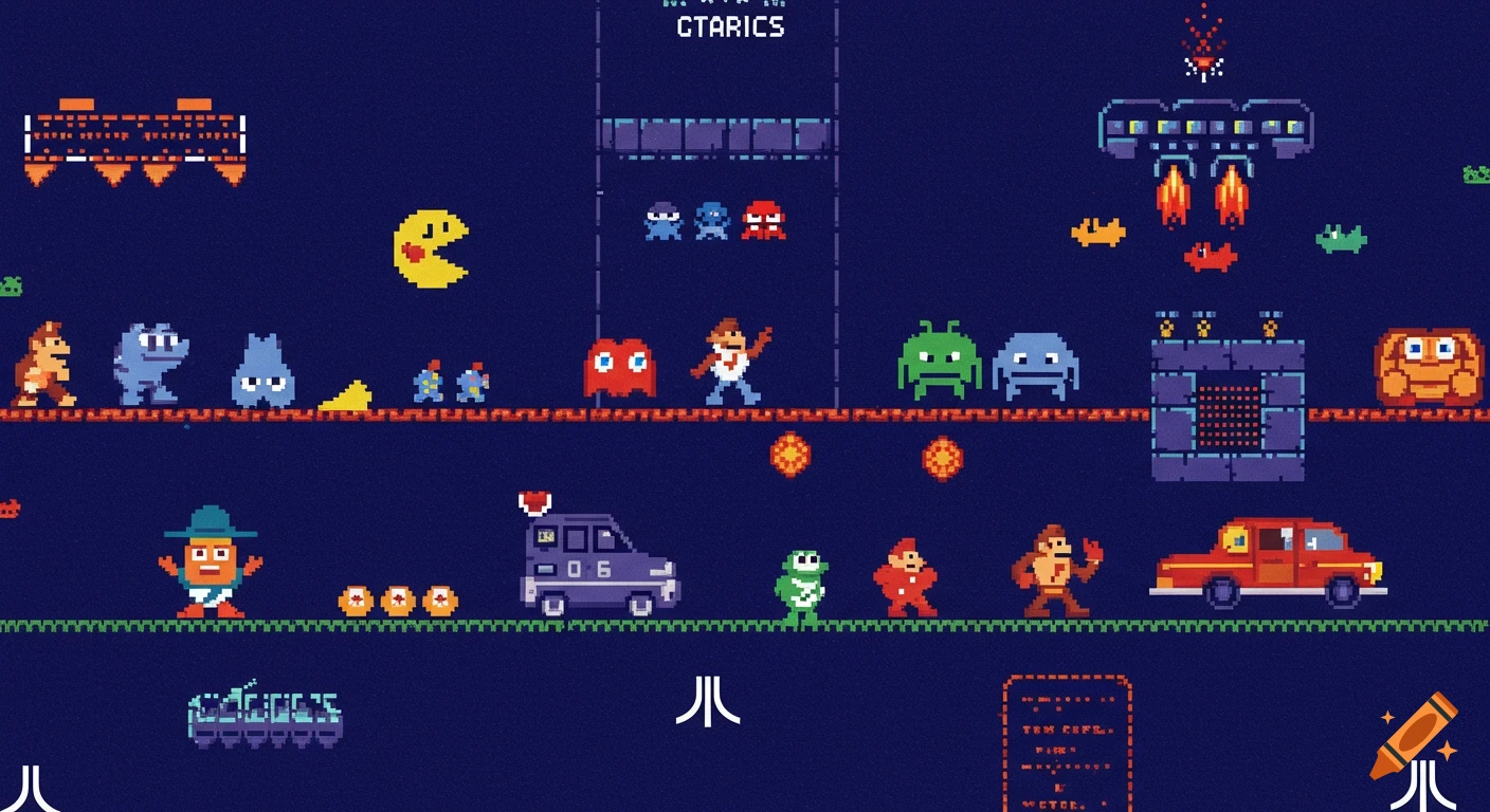A retro pixel art wallpaper featuring classic video game characters like Pac-Man and Donkey Kong on a dark blue background, in the style of Atari 2600.