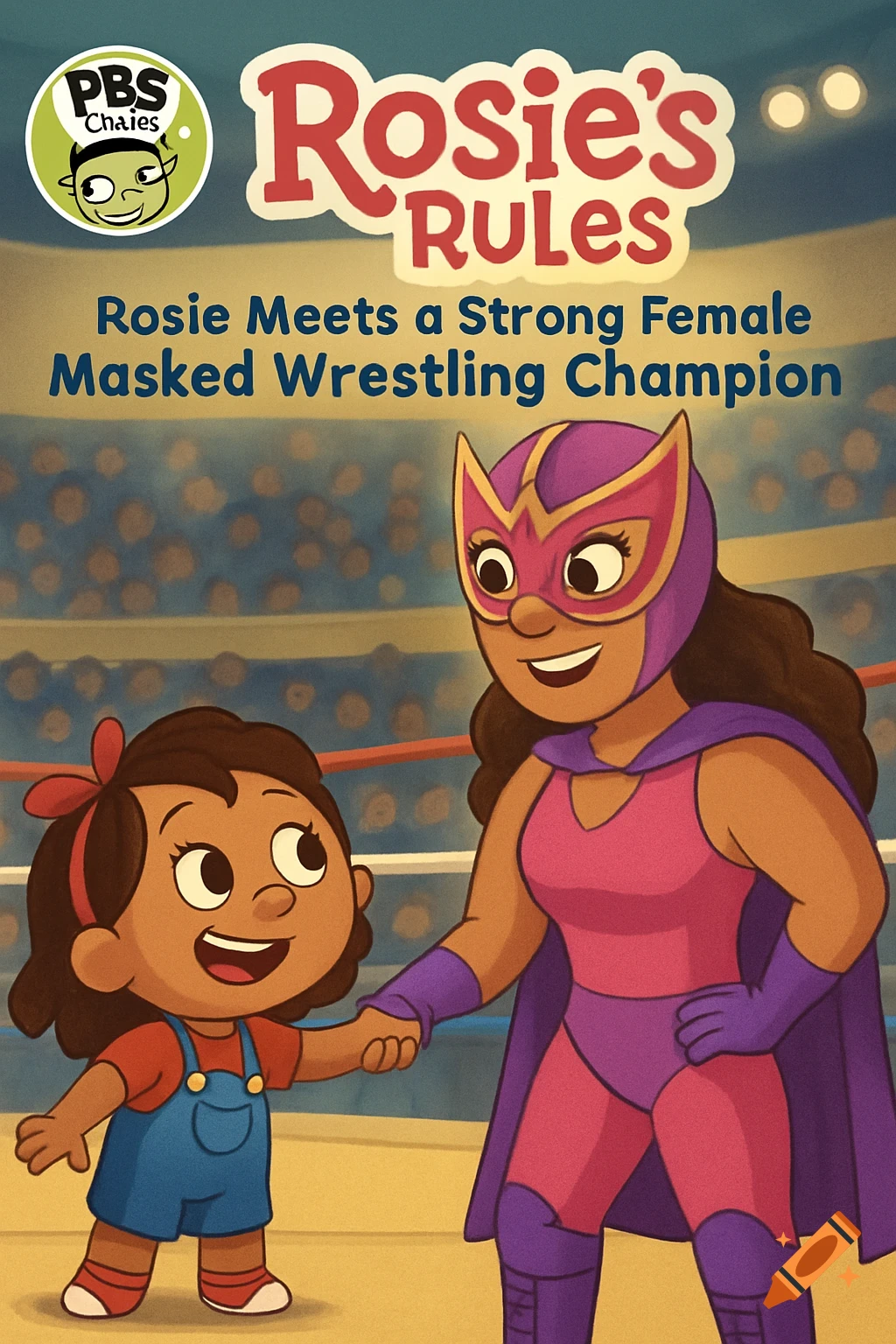 A cartoon book cover featuring a young girl holding hands with a smiling masked female wrestler in a boxing ring, with text 'Rosie's Rules' and 'Rosie Meets a Strong Female Masked Wrestling Champion'.