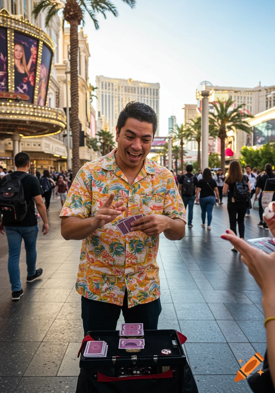 A smiling street magician performs a card trick for a viewer on a busy Las Vegas street.
