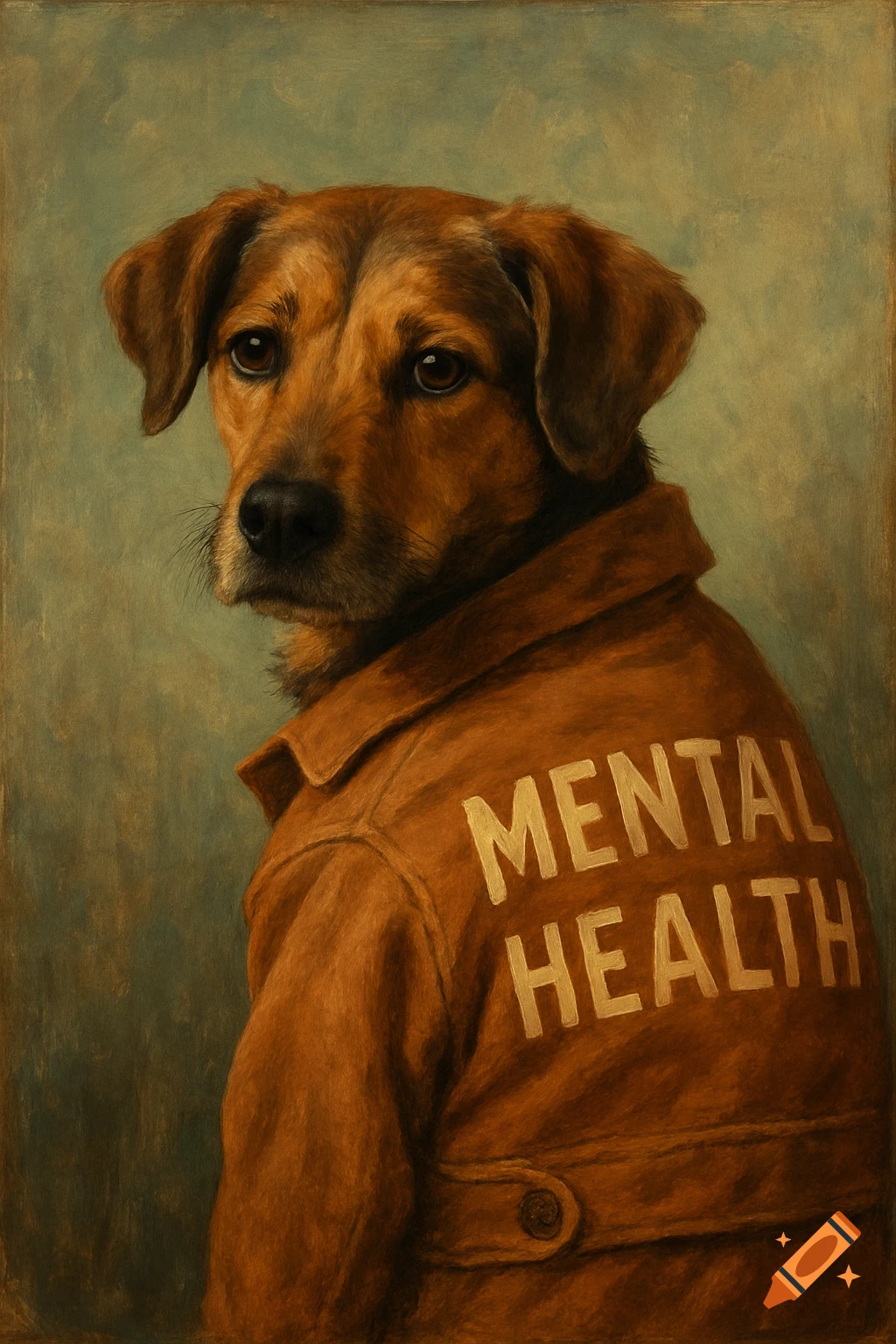 A painting of a brown dog wearing a brown jacket that says 'MENTAL HEALTH' on the back.