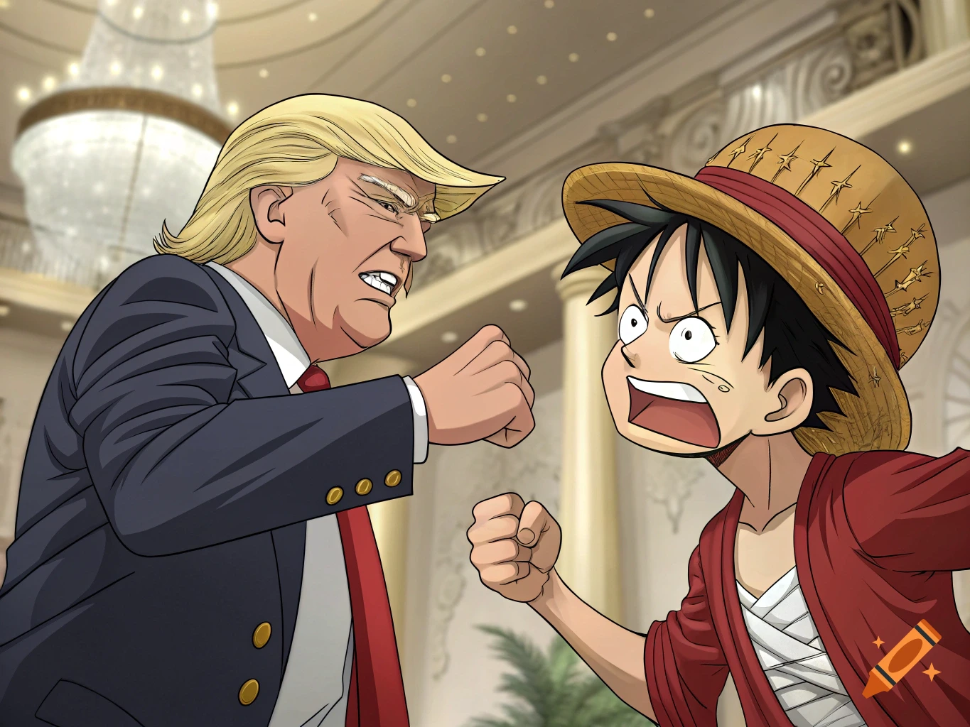 Cartoon depiction of Donald Trump and One Piece's Luffy with angry expressions, fists raised, about to fight indoors.