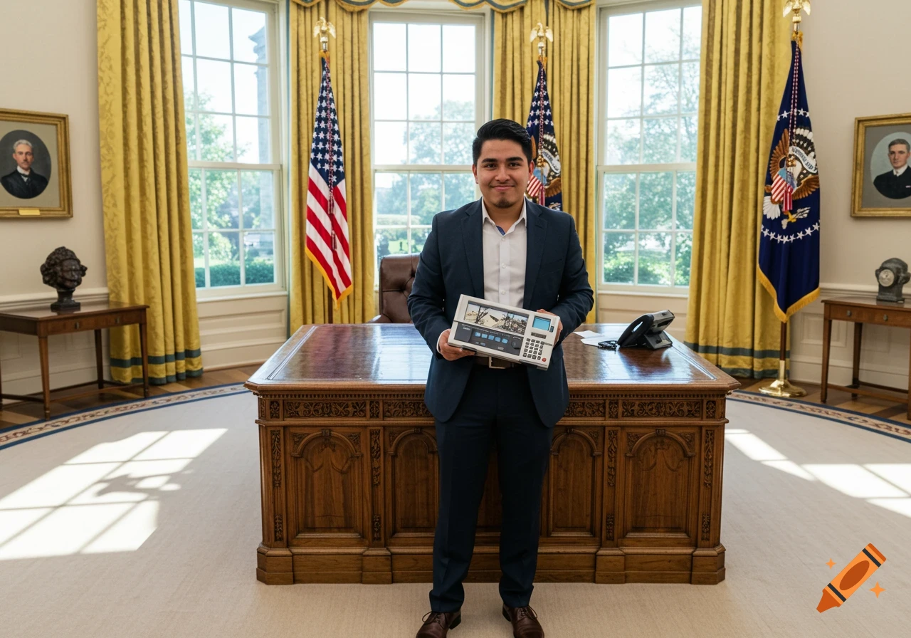 A photorealistic image of a young man in a suit holding a device in the Oval Office.