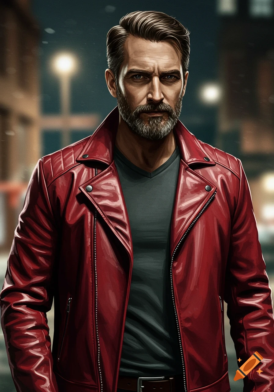 A man with a beard and dark hair wearing a bright red leather jacket, looking directly at the viewer with a stern expression, against a blurry urban background.