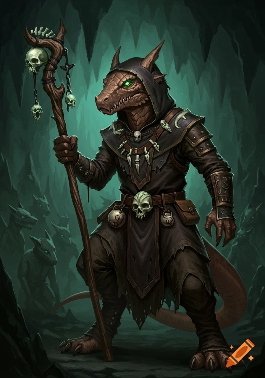 A reptilian kobold death cleric in dark robes holding a skull-adorned staff, with glowing green eyes in a dark cave.