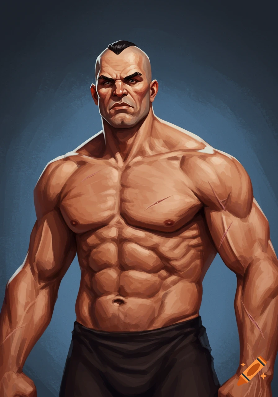 Stylized illustration of a muscular man with a mohawk haircut, wearing dark shorts.