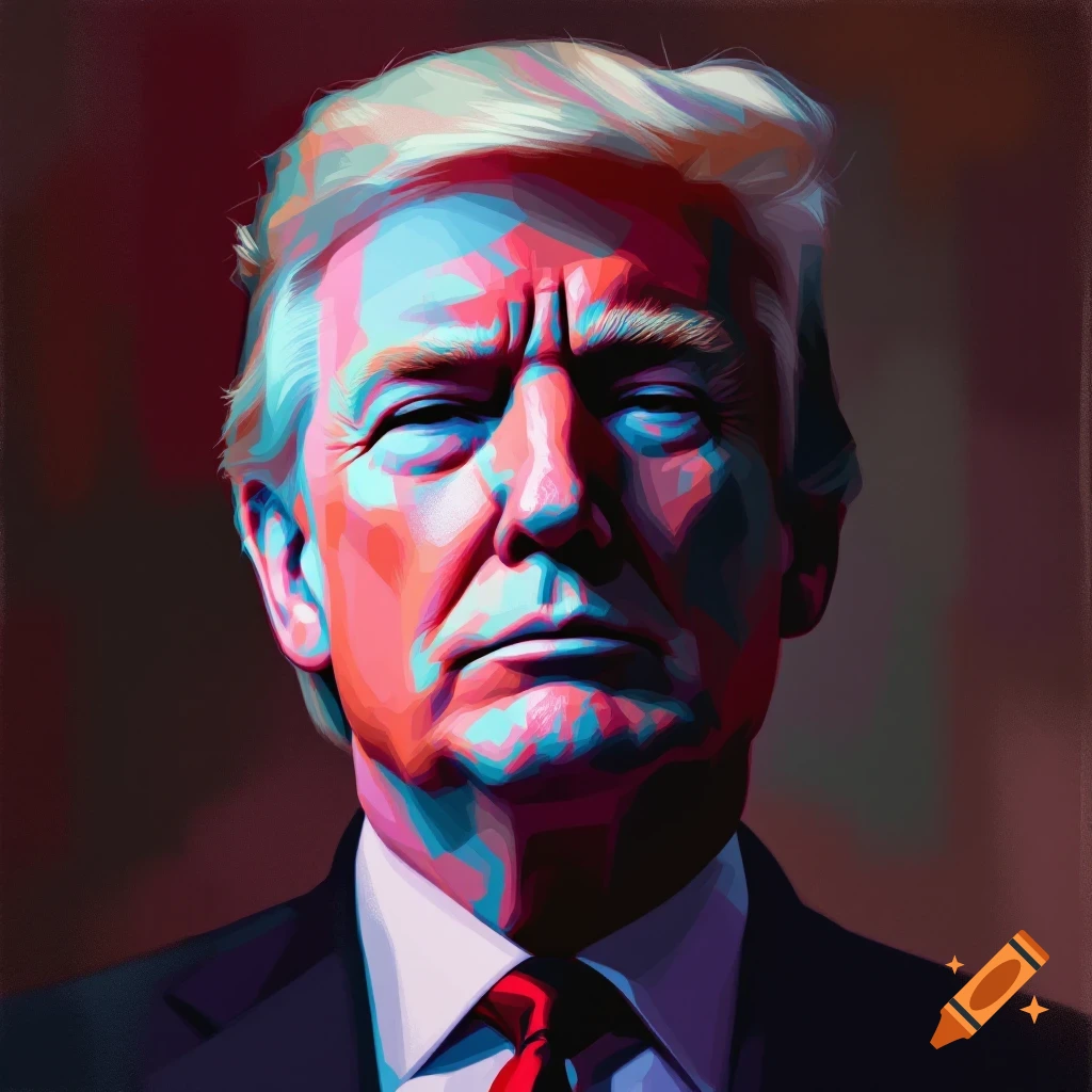 A vibrant, pop art style portrait of Donald Trump with strong red, blue, and teal lighting.