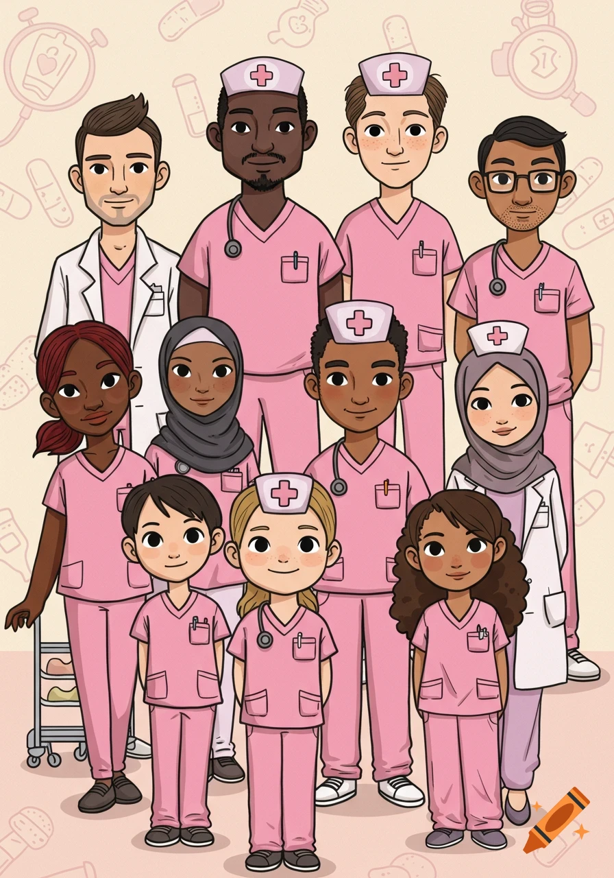 A cartoon illustration of a diverse group of healthcare professionals, including men, women, and children, in pink scrubs and medical attire.