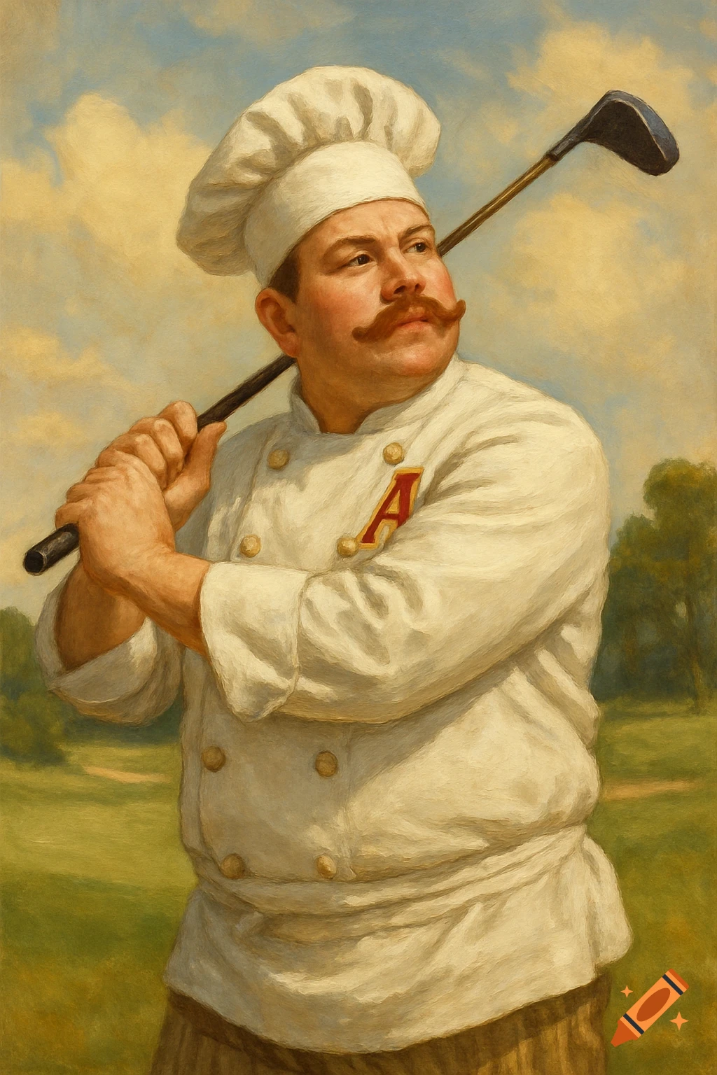 A painting of a chef with a mustache holding a golf club on a golf course.