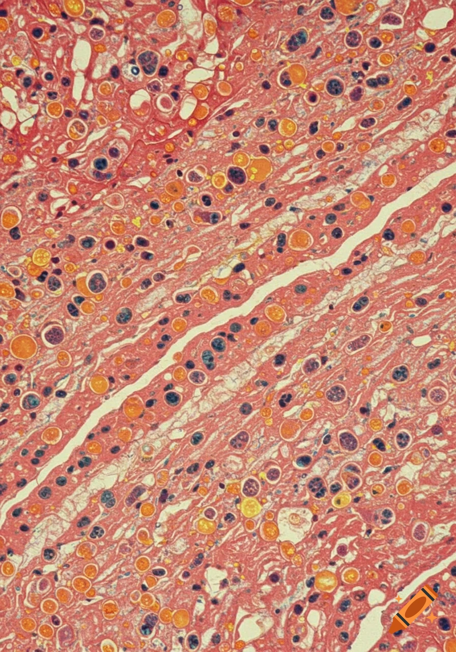 Microscopic view of tissue, possibly cartilage, showing a pink fibrous matrix with scattered round cells in shades of orange, blue, and black.