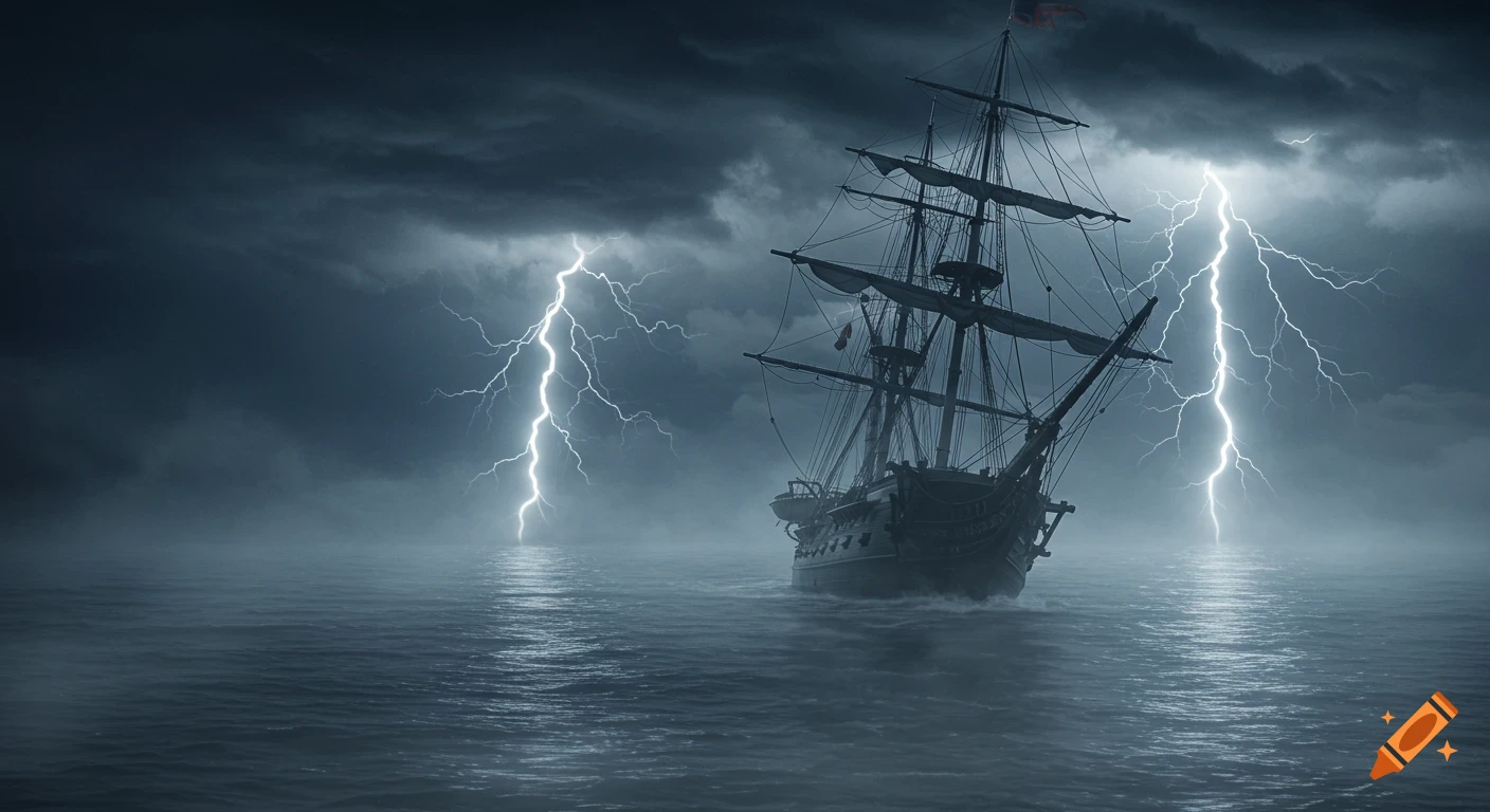 A photorealistic image of a ghostly ship drifting through misty waters under dark storm clouds with lightning strikes.