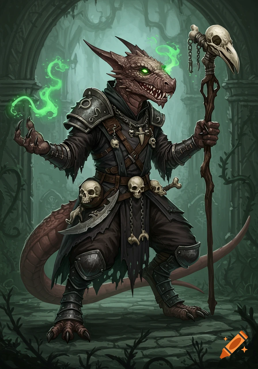 A brown-scaled kobold death cleric with glowing green eyes, wearing dark armor with skulls, holding a skull-topped staff in a ruin.
