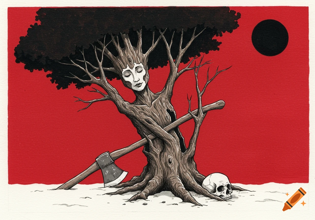 An illustration of a serene tree-woman with an axe in her trunk, held by a branch. A skull lies at her base, set against a red background with a black sun.