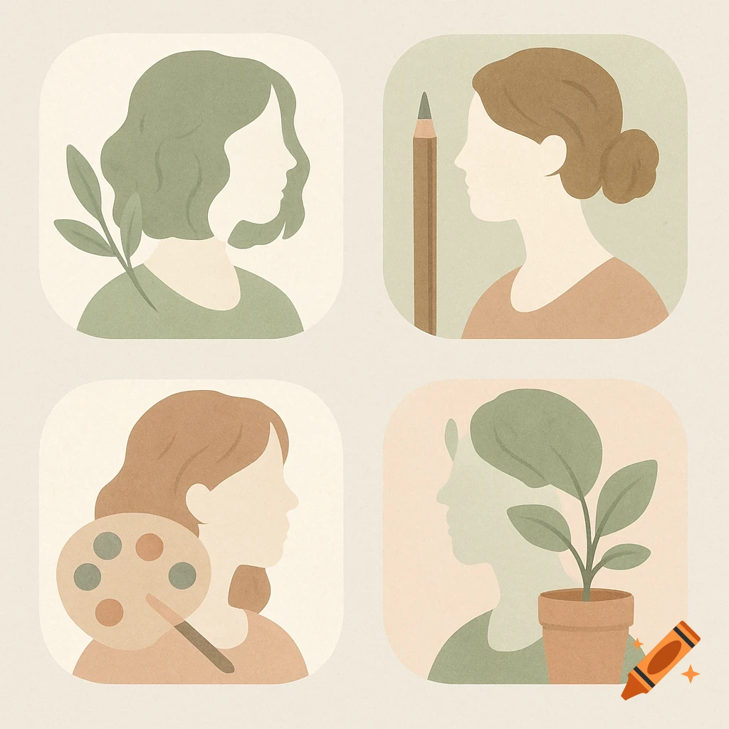 Four minimalist profile illustrations of women with creative and nature elements in a soft neutral palette.