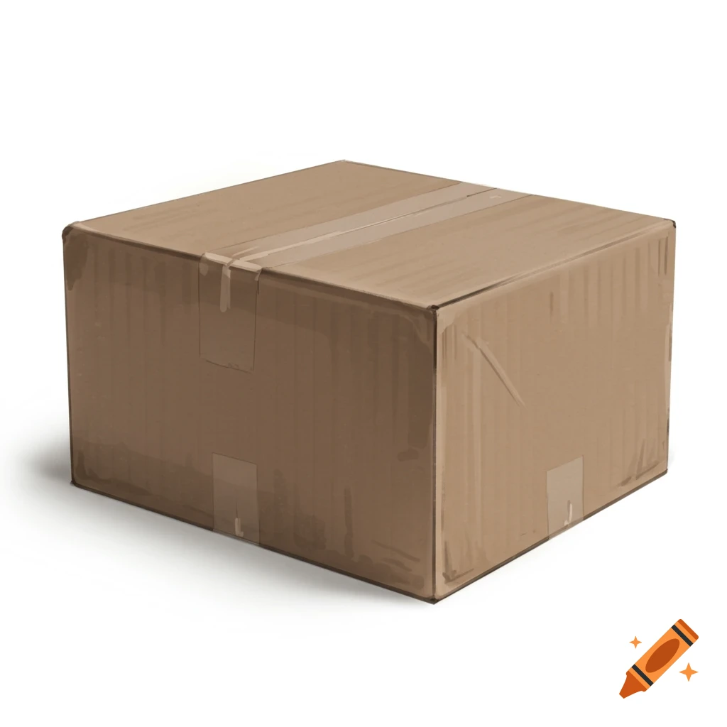 A brown cardboard box, sealed with clear tape, sits on a white surface with a subtle shadow.