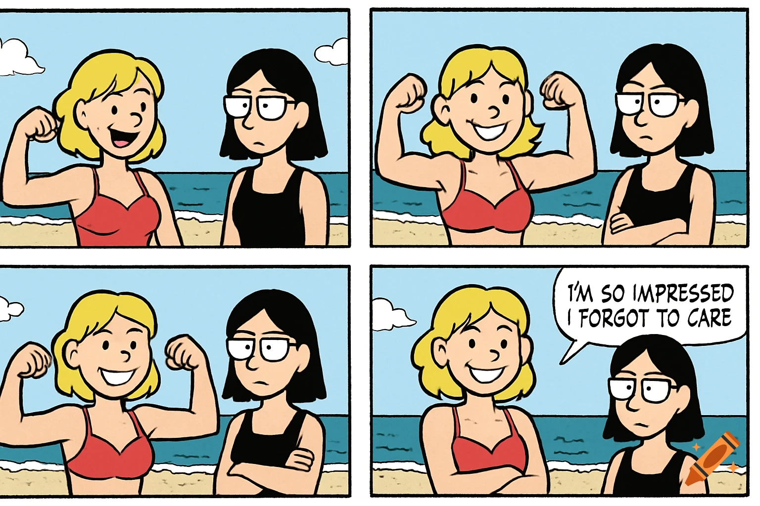 Cartoon comic strip shows a blonde woman flexing at the beach for an unimpressed dark-haired woman, who says, 'I'M SO IMPRESSED I FORGOT TO CARE'.
