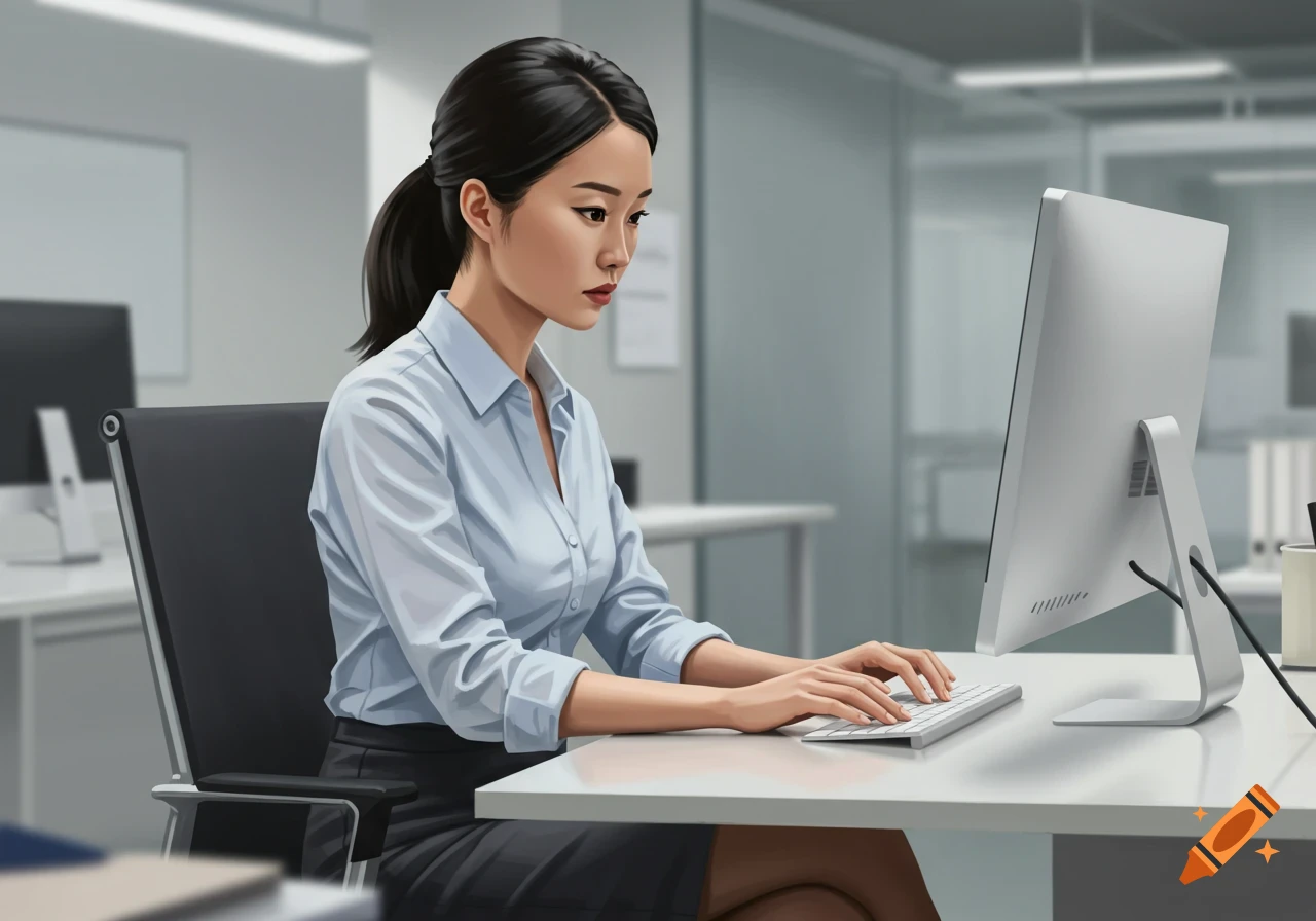 An illustrative image of an Asian woman in a light blue shirt and dark skirt, focused on typing on a computer keyboard in a modern office.