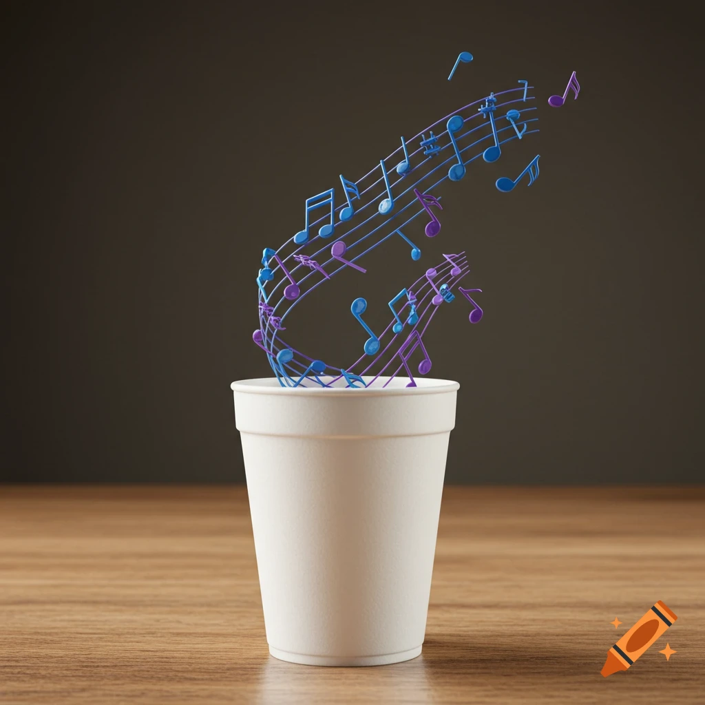 Music notes in shades of blue and purple float out of a white Styrofoam cup on a wooden table.