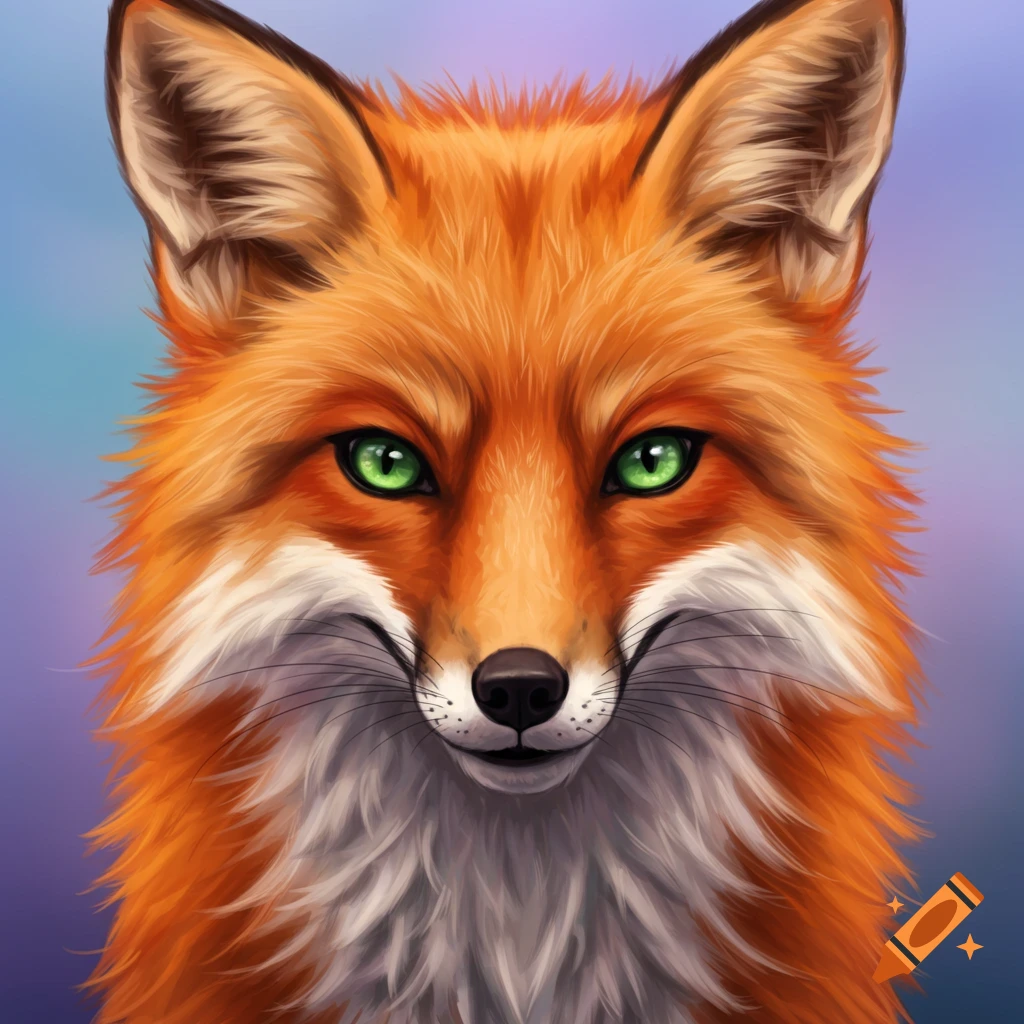 Close-up portrait of an orange fox with vibrant green eyes and white fur.