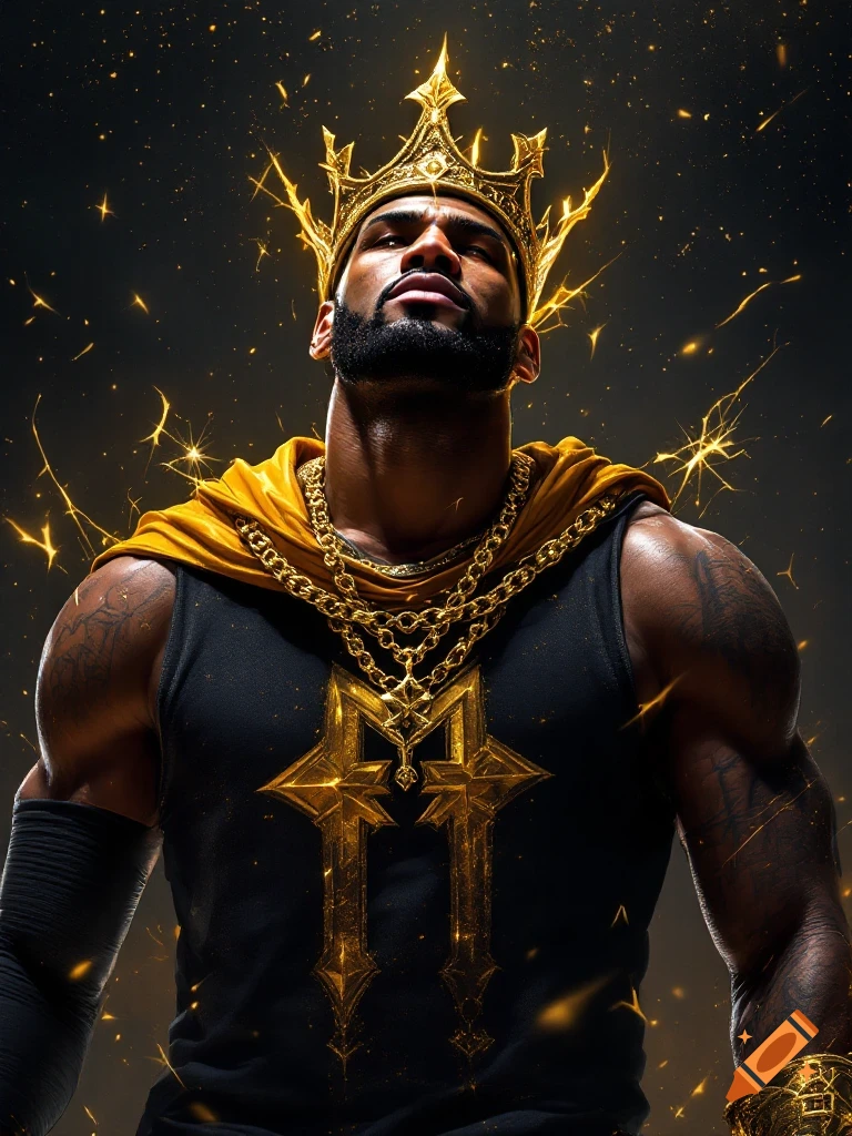 A powerful, regal portrait of a man in a golden crown and cape, with a gold emblem on his black shirt, against a dark, sparkling background.