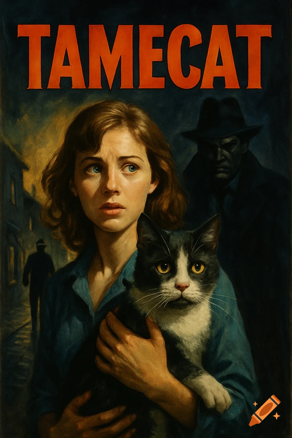 A vintage movie poster titled 'TAMECAT' showing a distressed woman holding a cat with shadowy figures in the background.