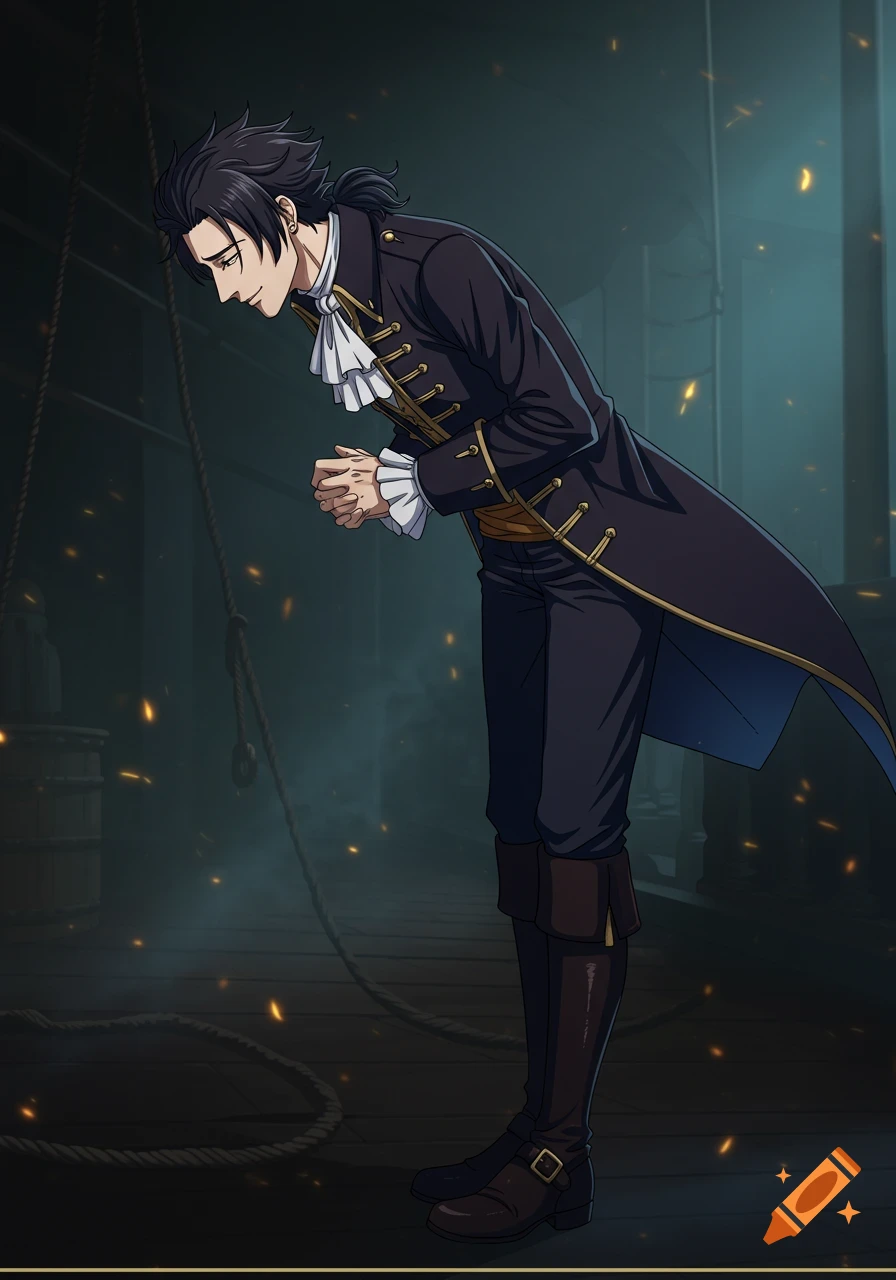 An anime man in black pirate Victorian clothing bows respectfully in a dim ship interior.
