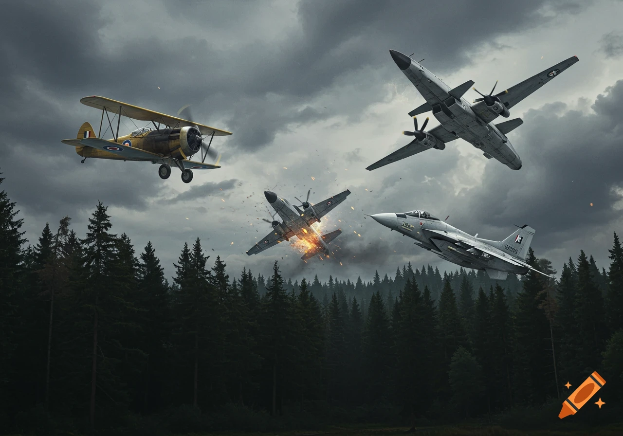 Four military aircraft flying over a dark forest under a cloudy sky, with one plane exploding in the center.