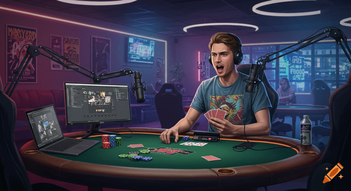 A man with headphones on streams poker live, sitting at a green poker table with chips and cards. Monitors and microphones are visible.