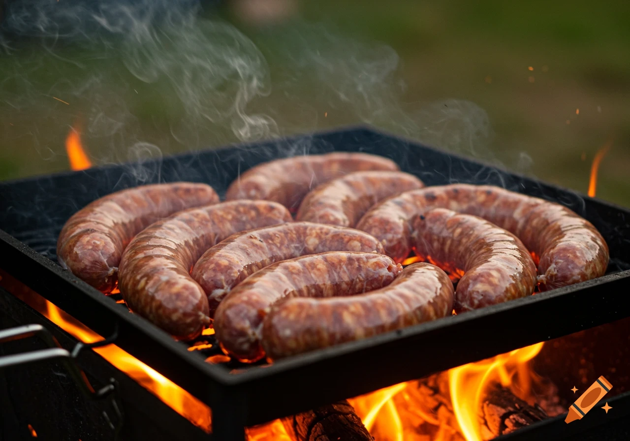 Sausages sizzling on a black grill over an open flame with smoke rising.