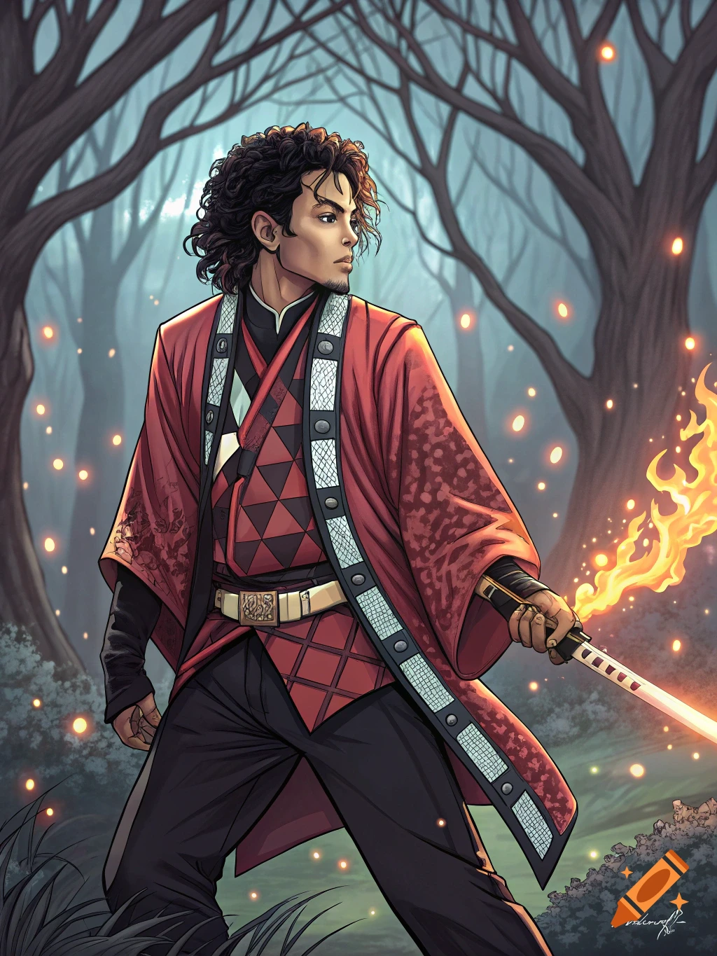 Michael Jackson as a warrior in a red kimono, holding a flaming katana in a mystical forest, in Demon Slayer anime style.